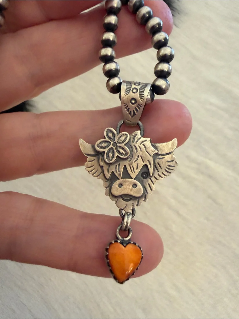 ❤️ Orange Spiny Oyster Heart Sterling Hand Stamped Highland Cow Pendant 1.97”L - Picture 4 of 13